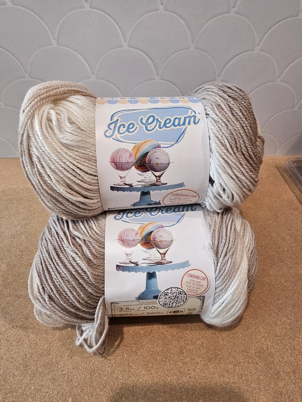 NWT 3-skein Bundle Lion Brand Ice Cream Acrylic Yarn - Coffee.